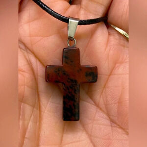 Mahogany Cross Natural Braided Stainless Steel Necklace NWT